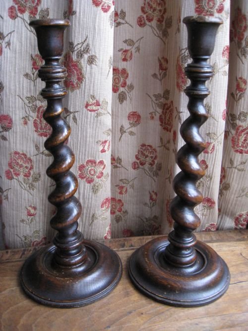 pair of oak barley twist candlesticks