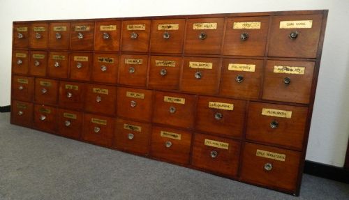 very large set of 36 victorian chemist drawers