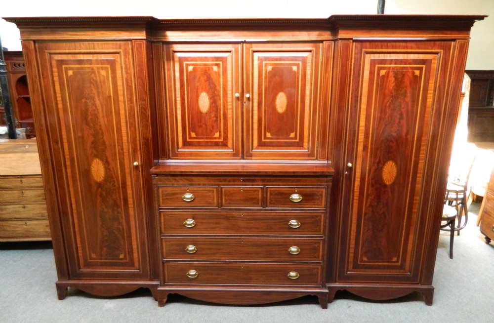 large inlaid mahogany breakfront wardrobe