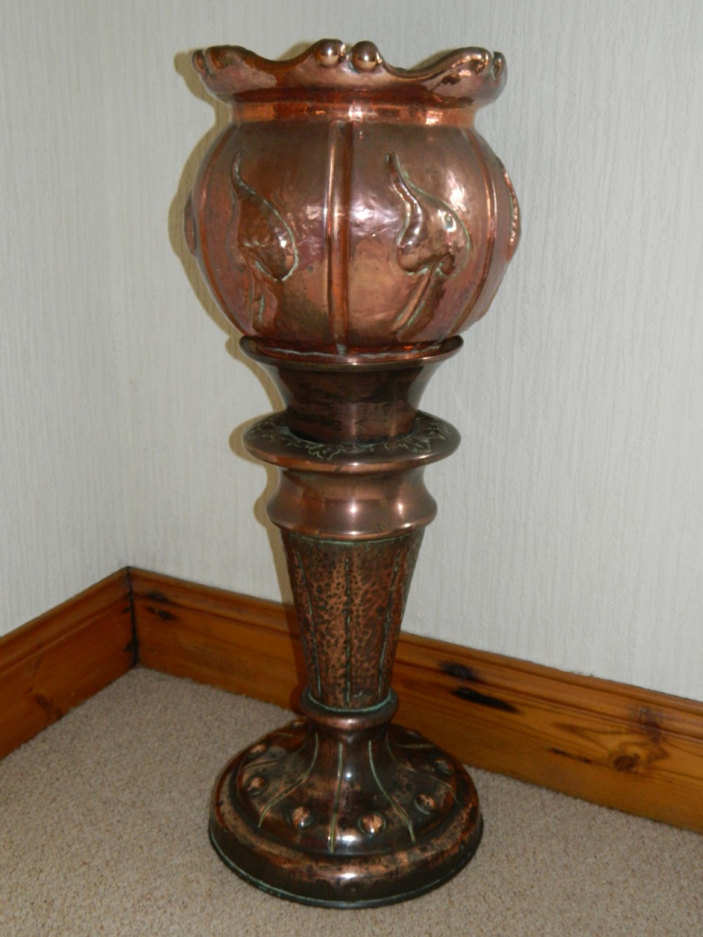 arts crafts copper jardiniere on stand