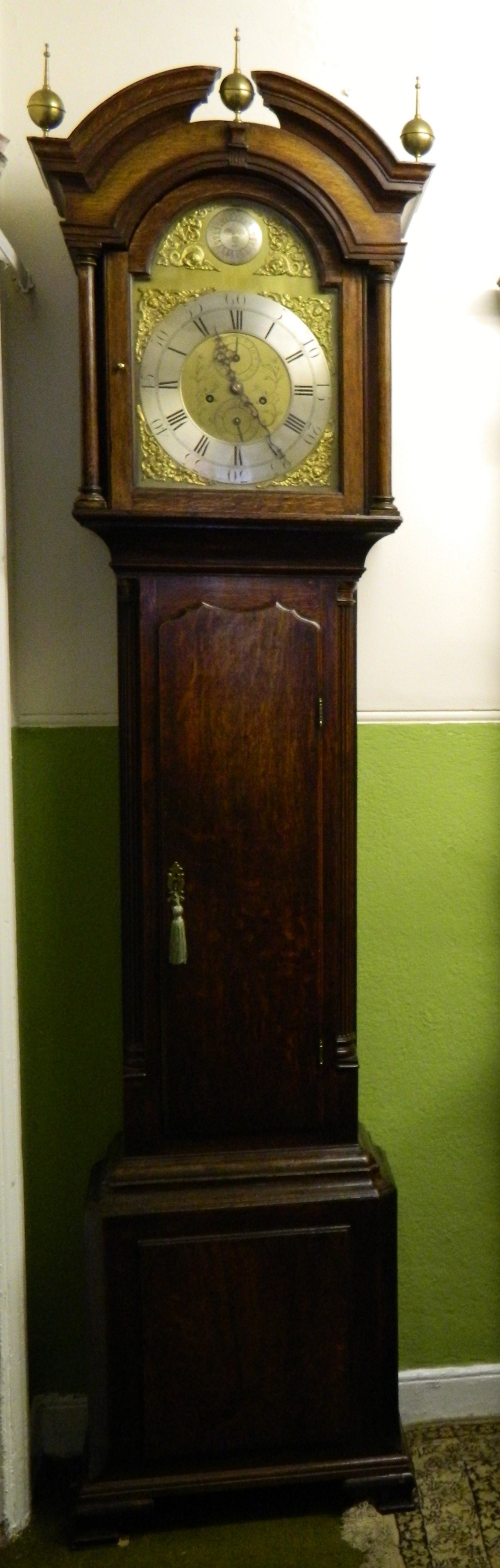 brass face 8 day oak grandfather clock