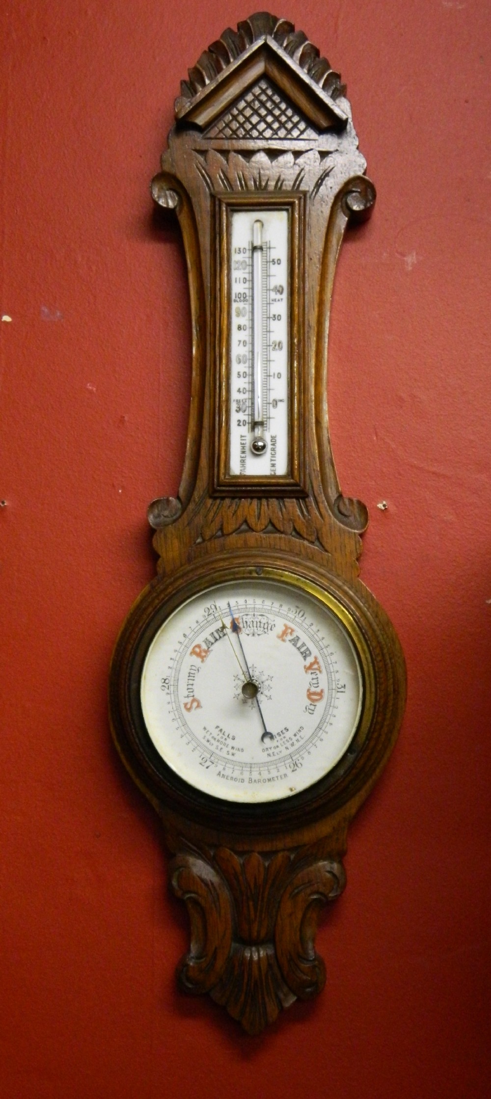 carved oak aneroid barometer