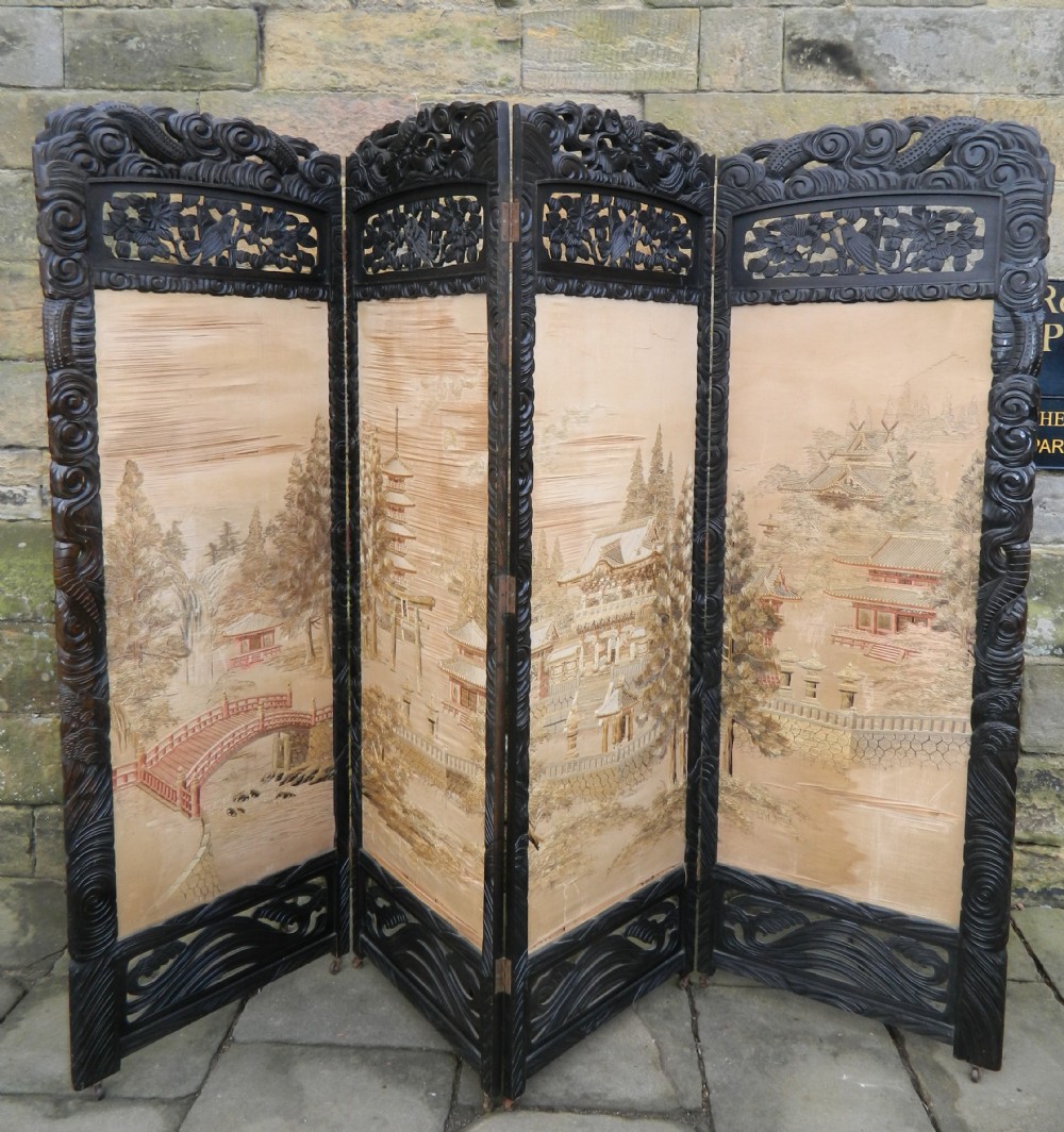 oriental four fold embroidered room screen