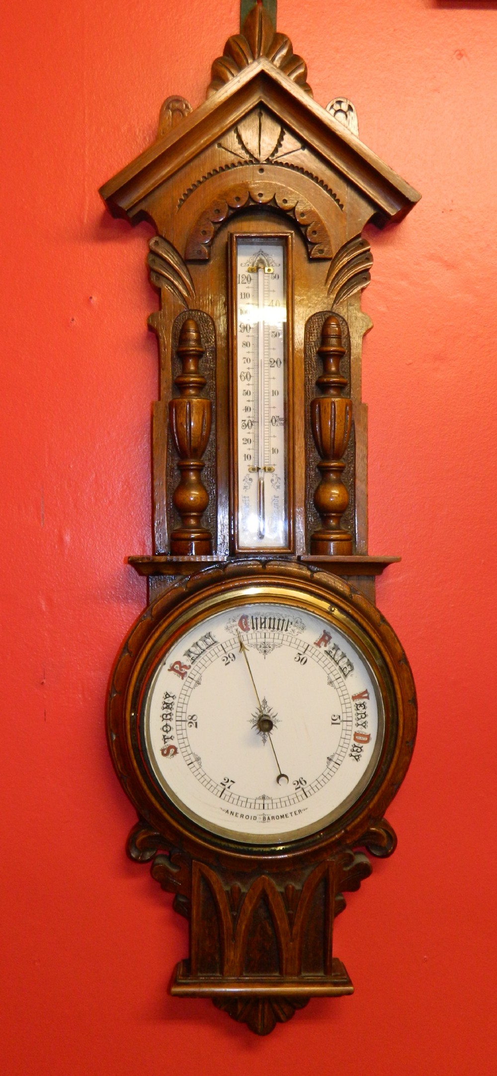 large carved oak aneroid barometer