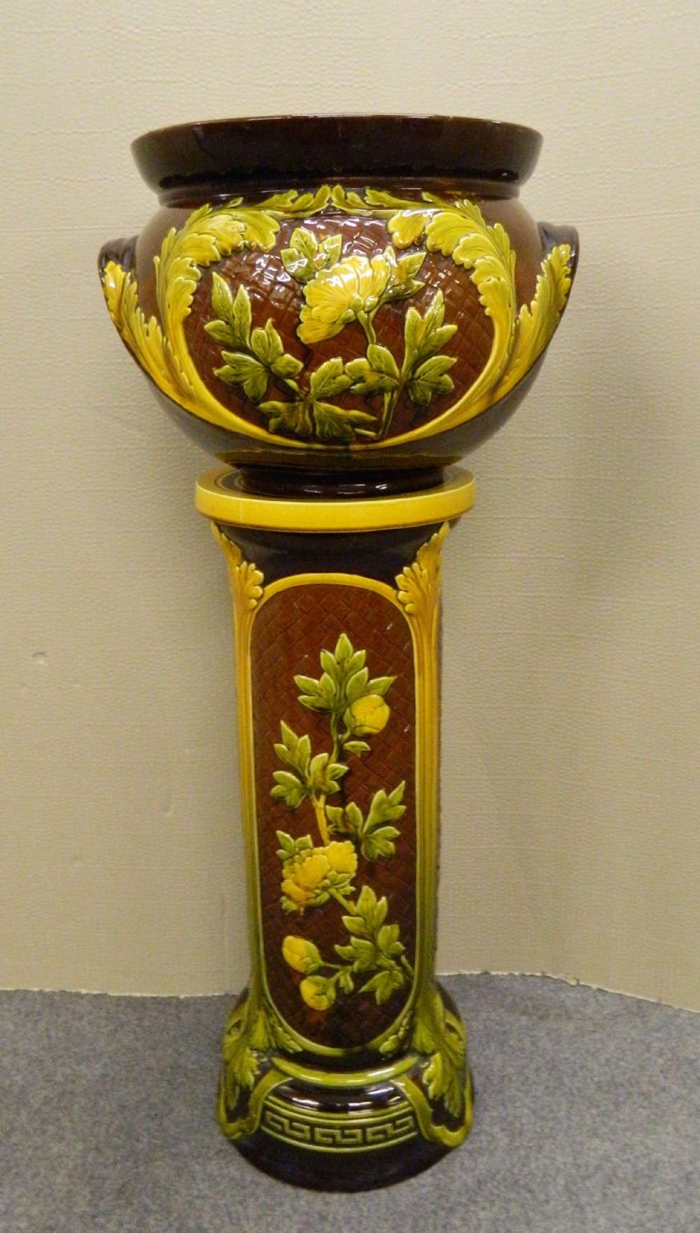 large majolica jardiniere on stand
