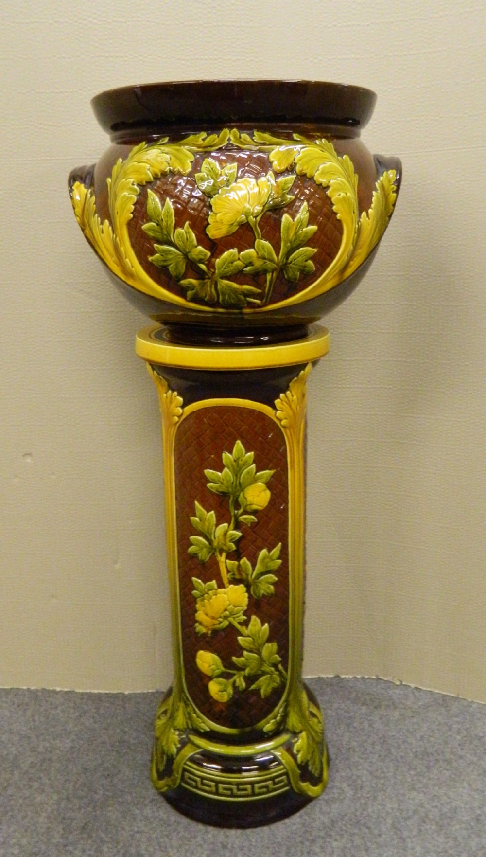 large majolica jardiniere on stand