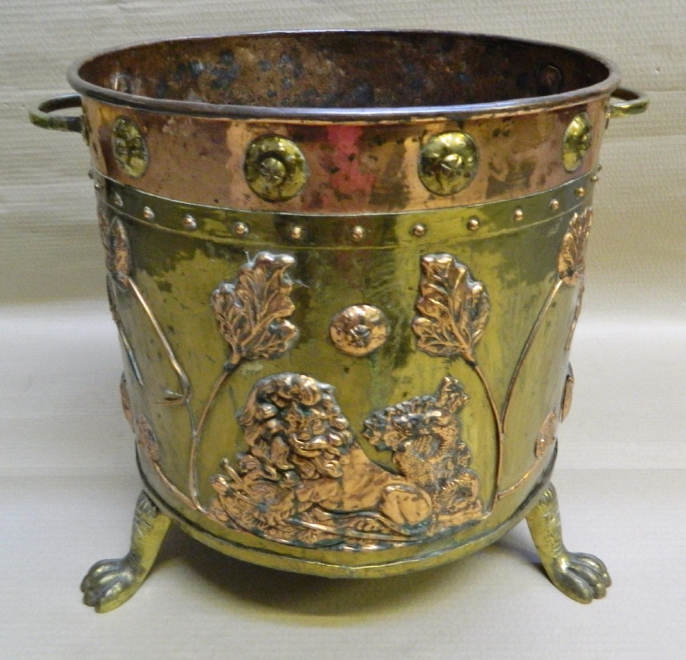arts crafts brass and copper log bin