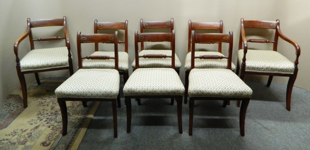 set of 8 regency mahogany brass inlaid dining chairs