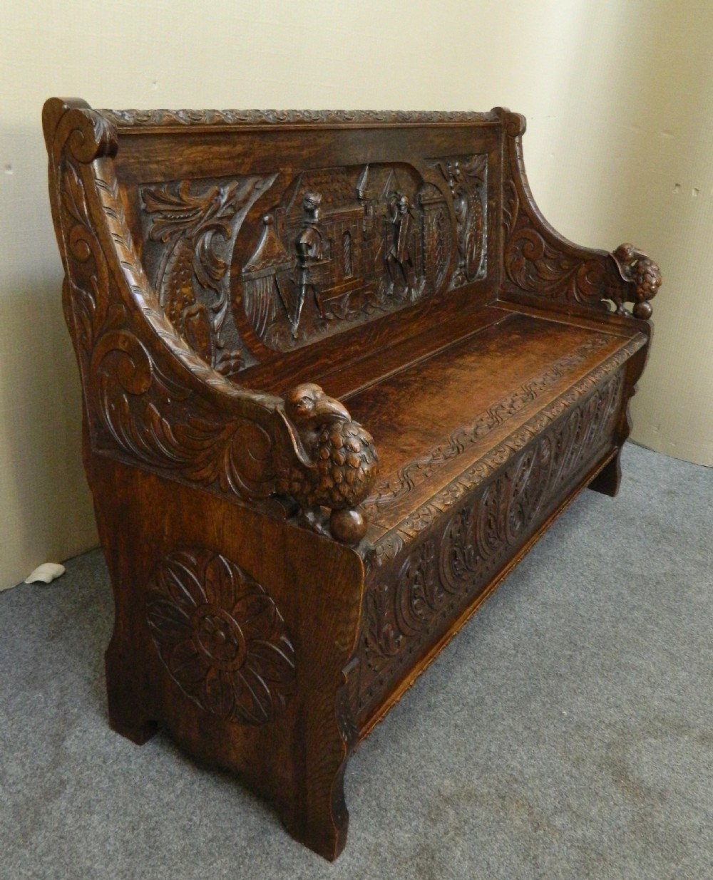 unusual carved oak settle bench