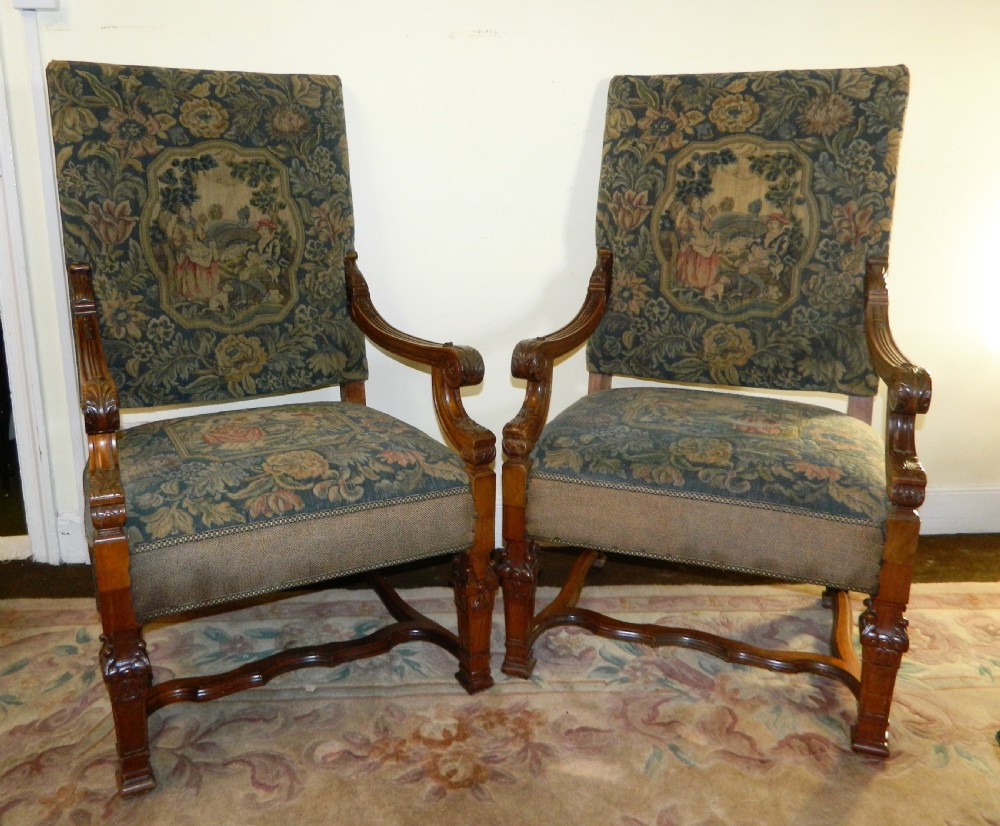large pair of tapestry armchairs