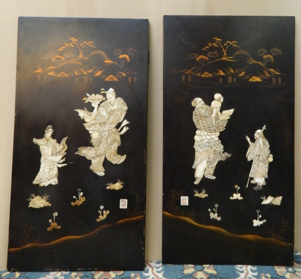 pair of japanese shibayama wall panels