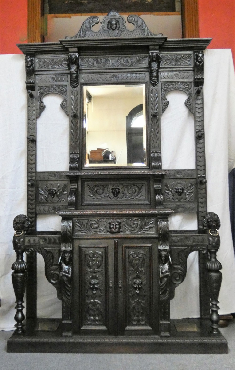 large impressive carved oak hall stand